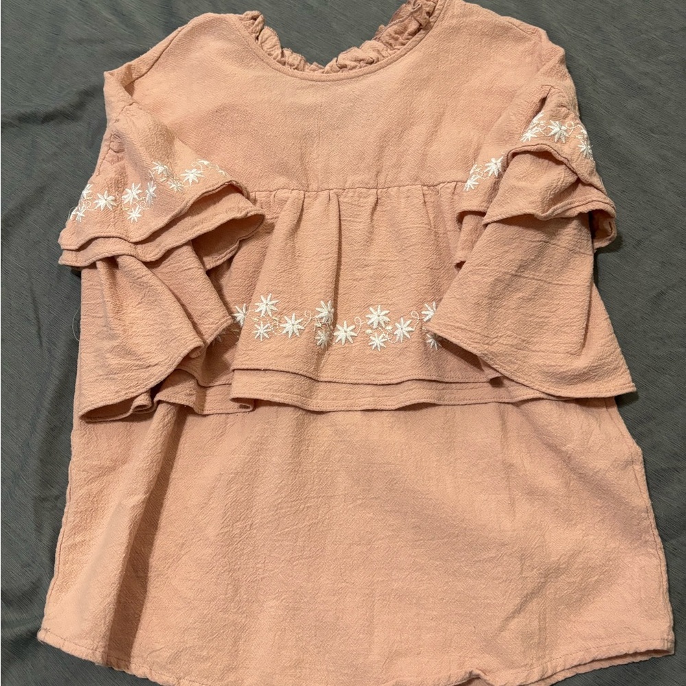 Pink Ruffled Women's Top with Floral Embroidery